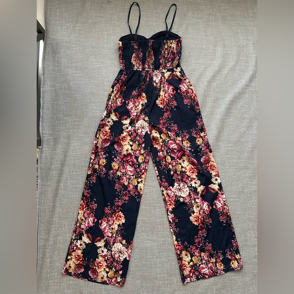 Band of Gypsies Floral Jumpsuit Women’s Small Wide Leg Elastic Back Boho - Picture 11 of 14
